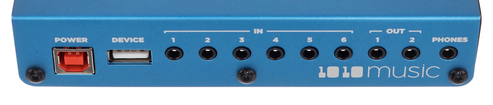 Rear view with sockets, 1010music bluebox, 12-channel audio mixer and recorder