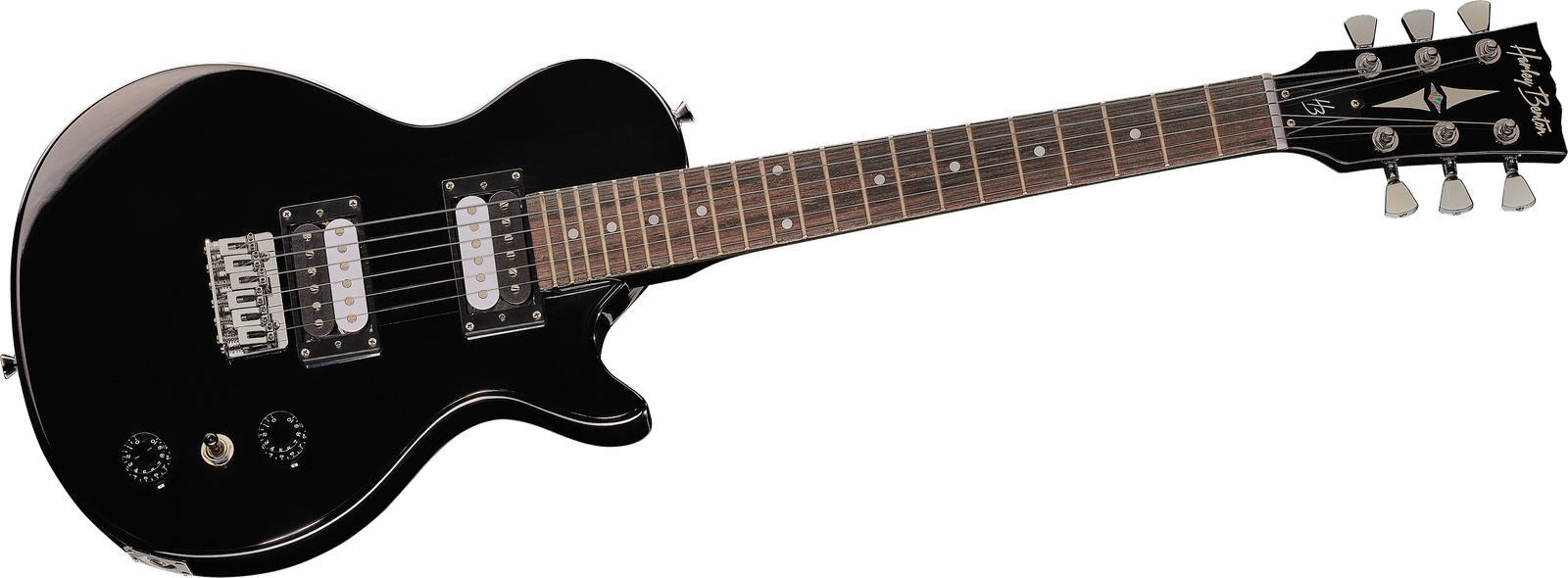 Kleine schwarze E-Gitarre Harley Benton SC-200BK Mini von vorne