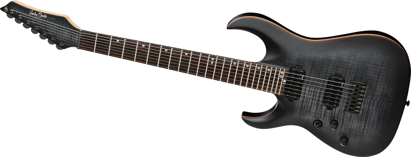 7-Saiter E-Gitarre Harley Benton Amarok-7 LH BKNT Flame Burst von vorne