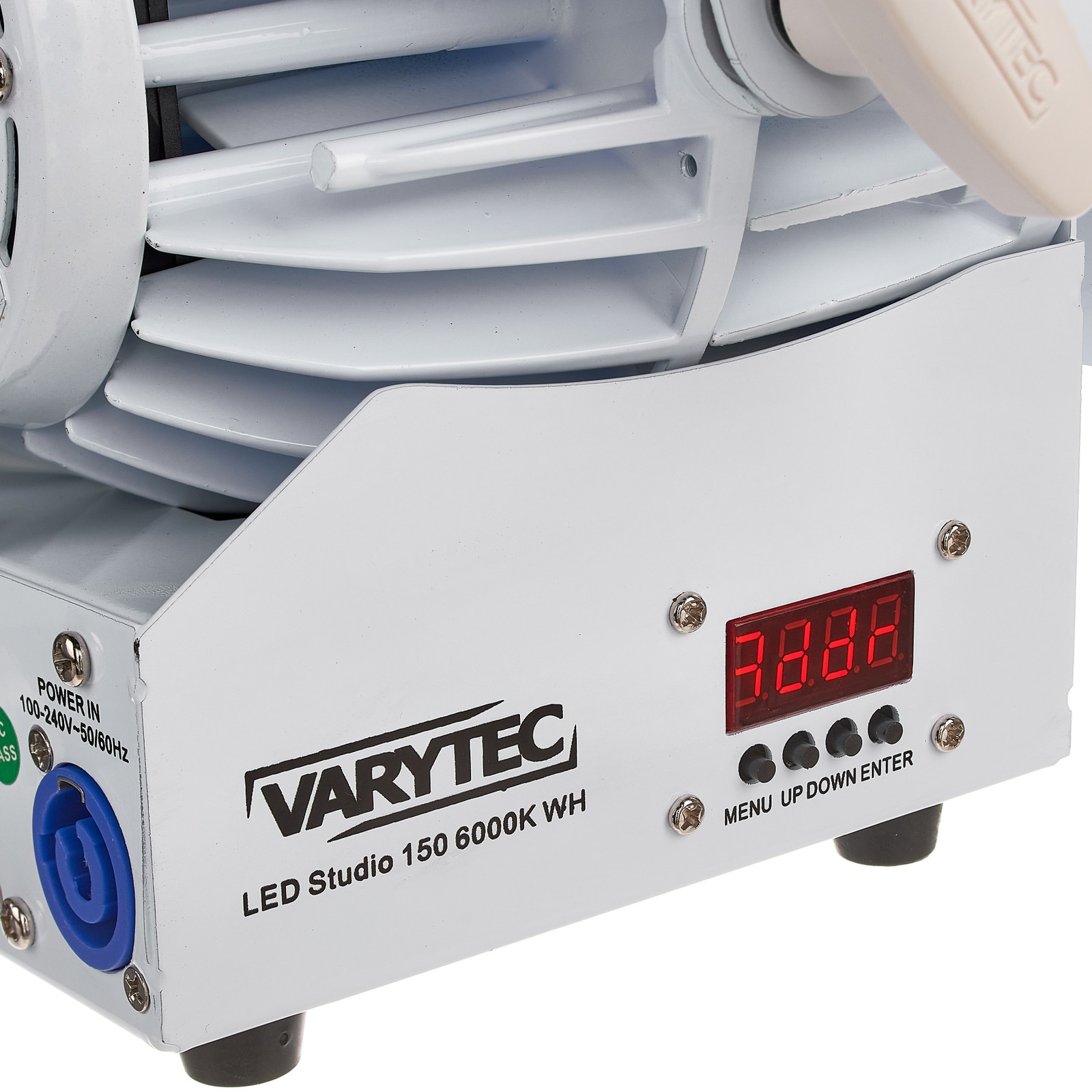 Varytec-Logo und Einstellmöglichkeiten am Varytec LED Studio 150 6000K WH