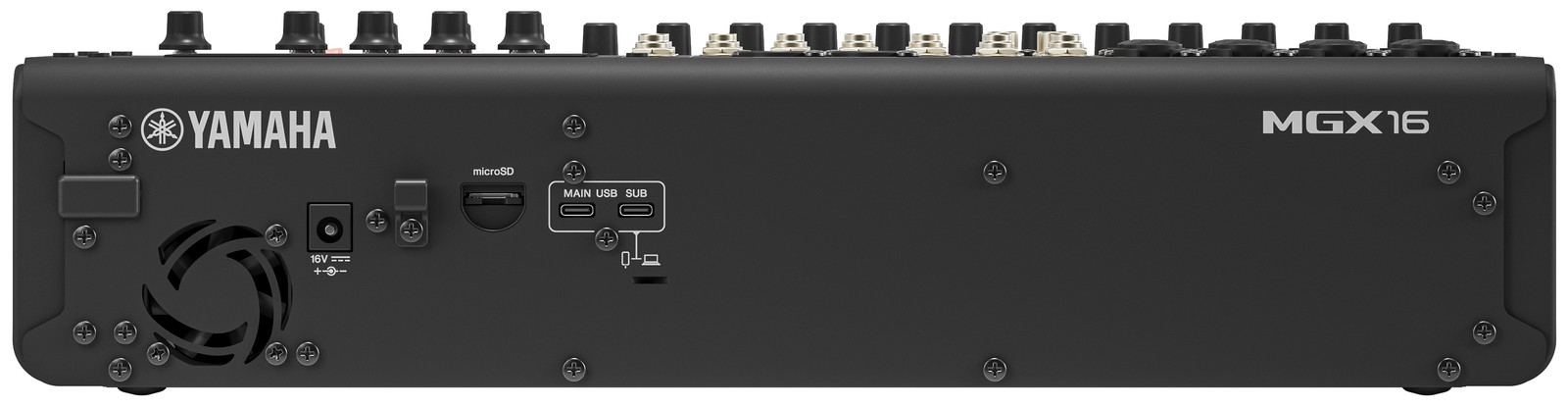 Rückseite des Yamaha MGX16 BK mit Anschlüssen