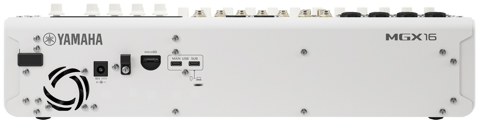 Rückseite des Yamaha MGX16 WH mit Anschlüssen