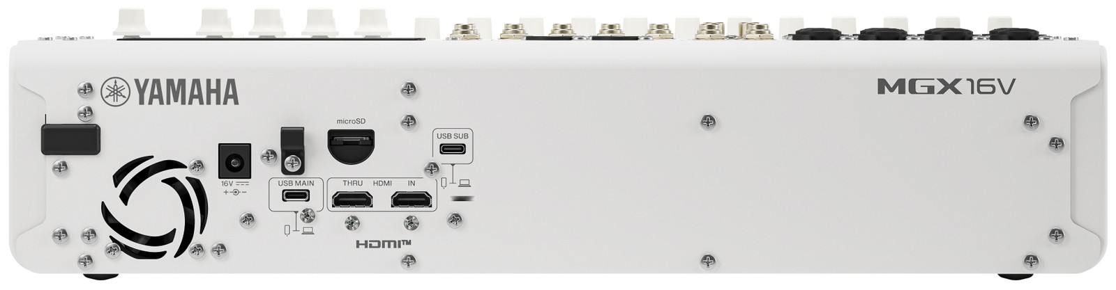 Rückseite des Yamaha MGX16V WH mit Anschlüssen