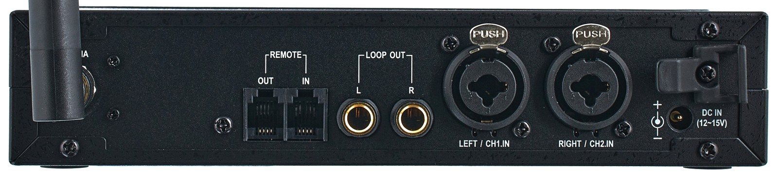 Rückseite des Funksenders MI-58T mit Anschlüssen