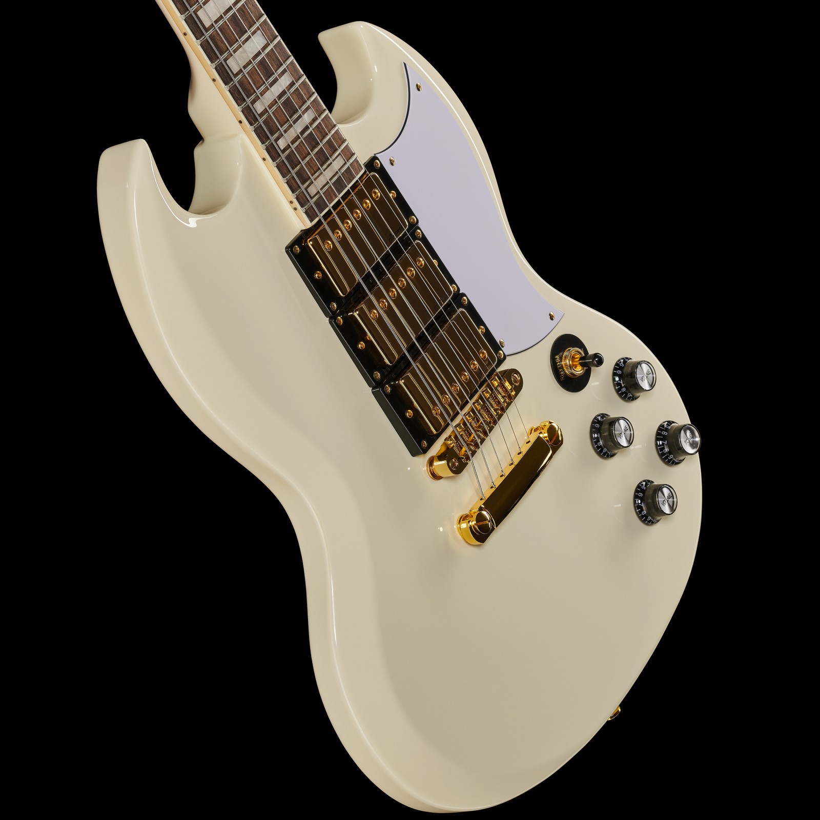 Harley Benton DC-600 Vintage Ivory body, slant view