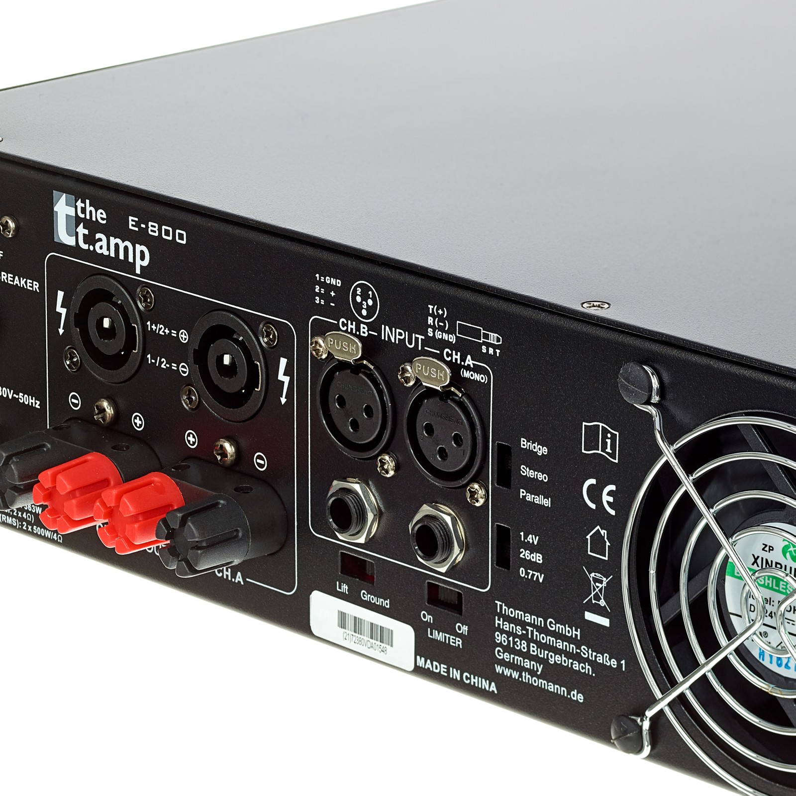 Anschlüsse auf der Rückseite der the t.amp E-800 Stereo-Endstufe