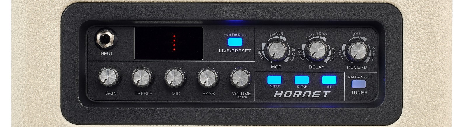 Bedienfeld des Mooer Hornet Modeling Combo mit Bluetooth für E-Gitarre