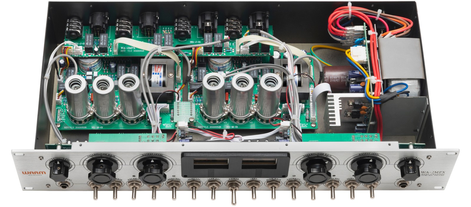 Open view of the Warm Audio WA-2MPX showing the electronics