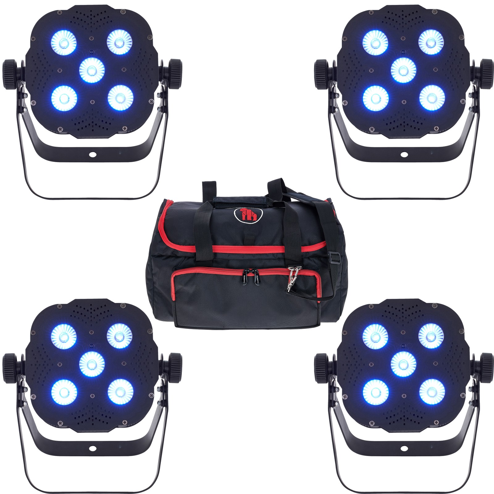 Stairville Tri Flat PAR Profile Bundle mit vier Tri Flat PAR Profile 5x3W 25° und Flyht Pro Gorilla GAC120 Zubehörtasche