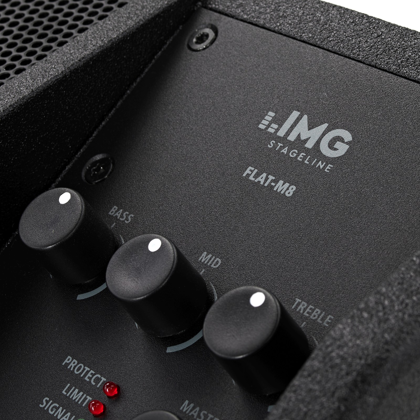 Logo und Regler auf der rechten Vorderseite des IMG Stageline Flat-M8