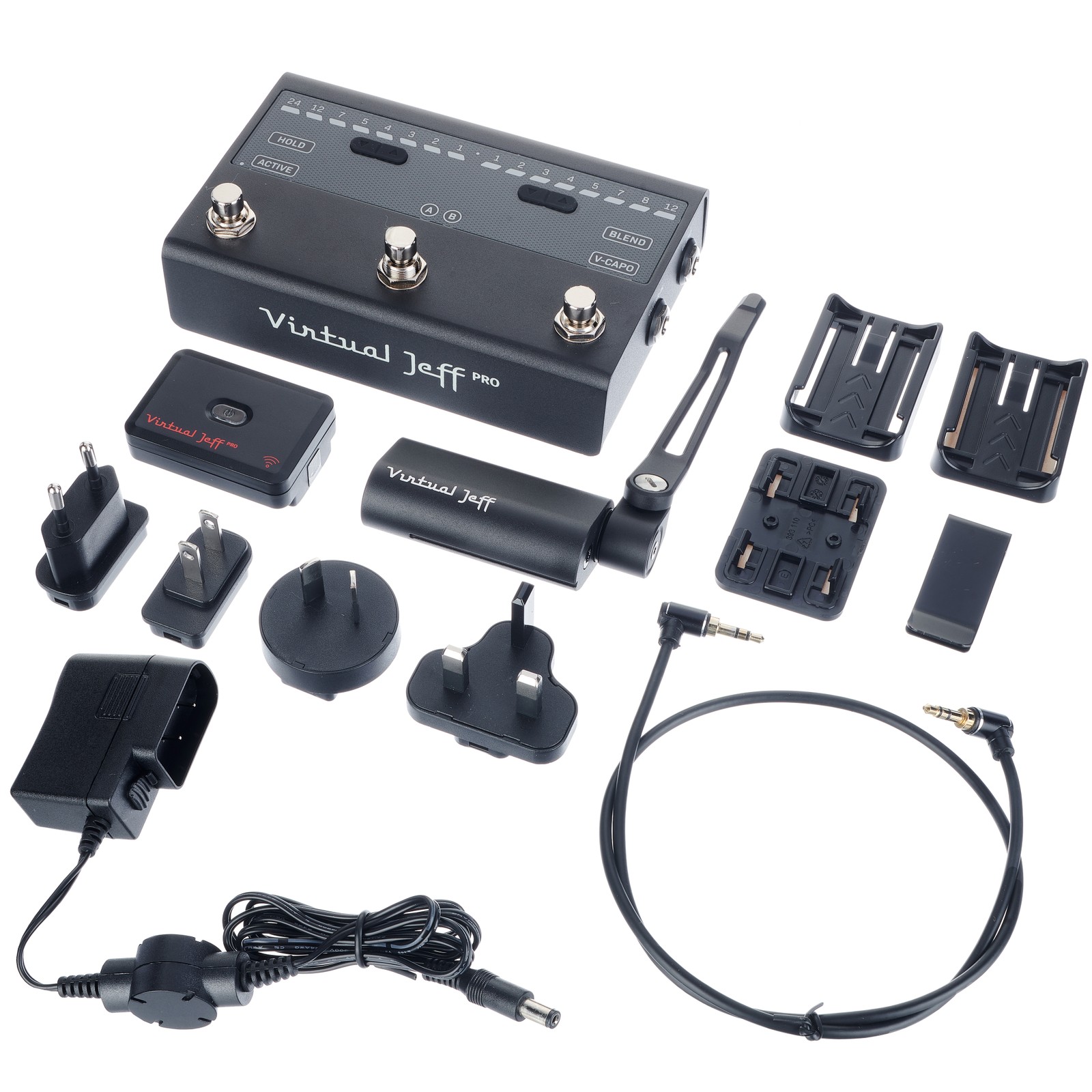 The entire scope of delivery of the Virtual Jeff Pro whammy bar with controller and cables