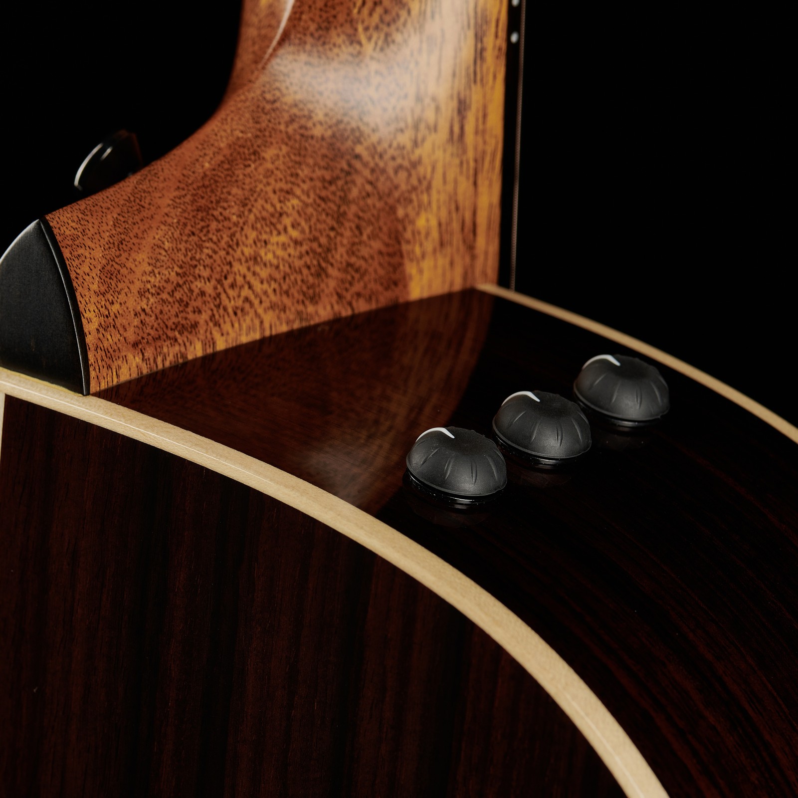Preamp controls on the rosewood ribs of the Taylor 814ce folk guitar