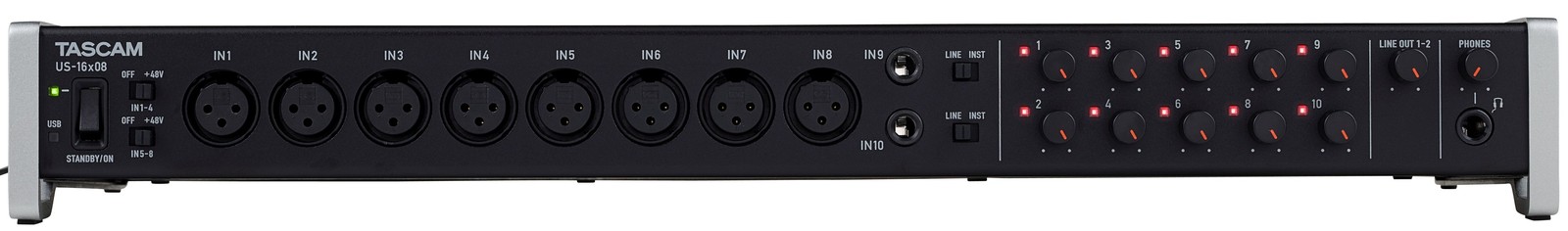 Front view of the Tascam US-16x08 with connections and controls
