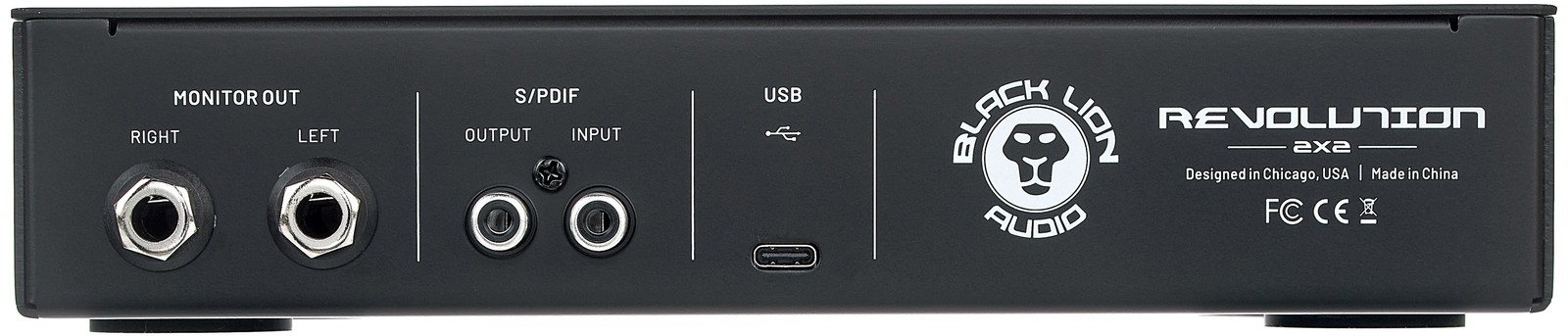 Back view of the Black Lion Audio Revolution 2x2 USB2.0 Audio Interface