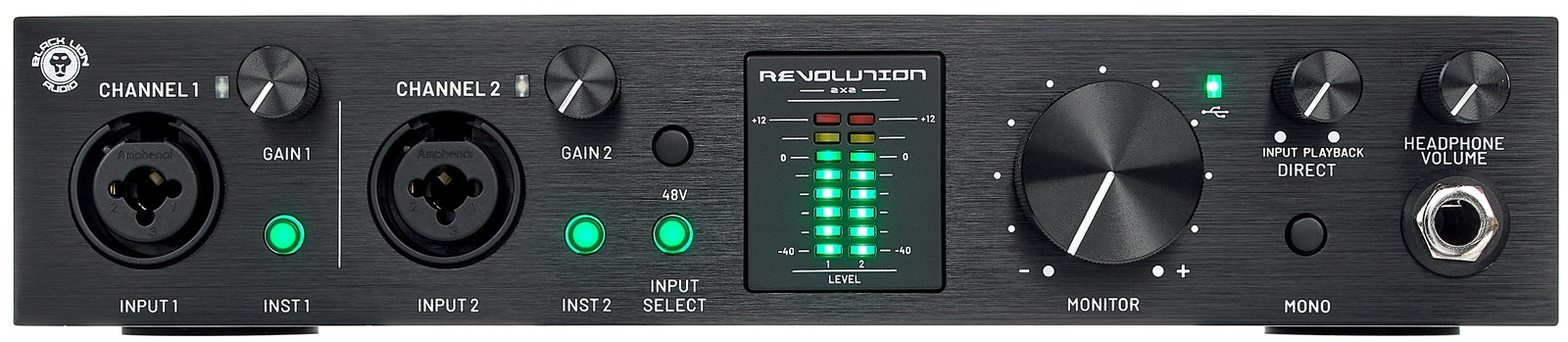 front panel of the Black Lion Audio Revolution 2x2 USB2.0 Audio Interface