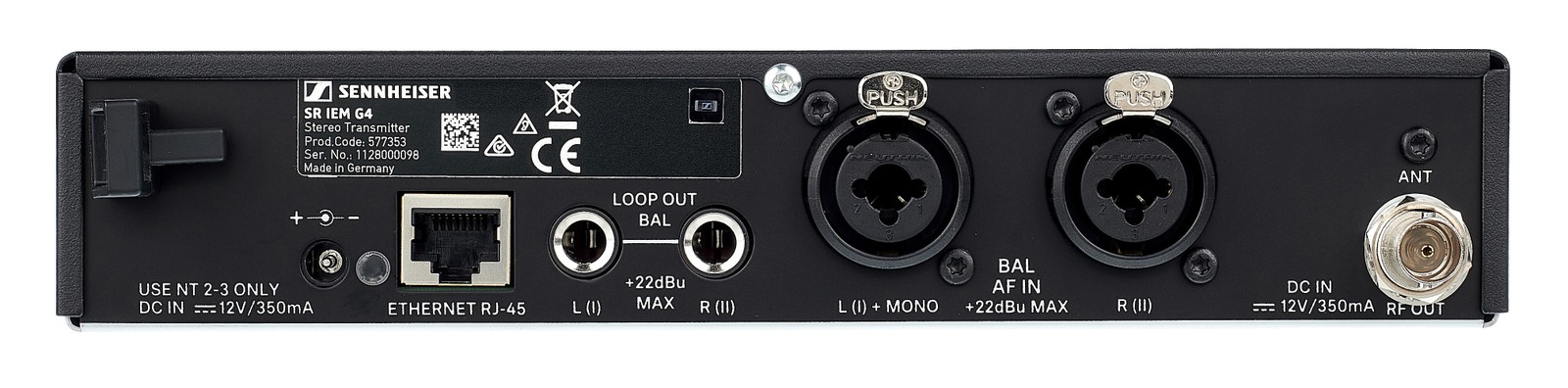 Rear view connections, Sennheiser SR IEM G4 transmitter