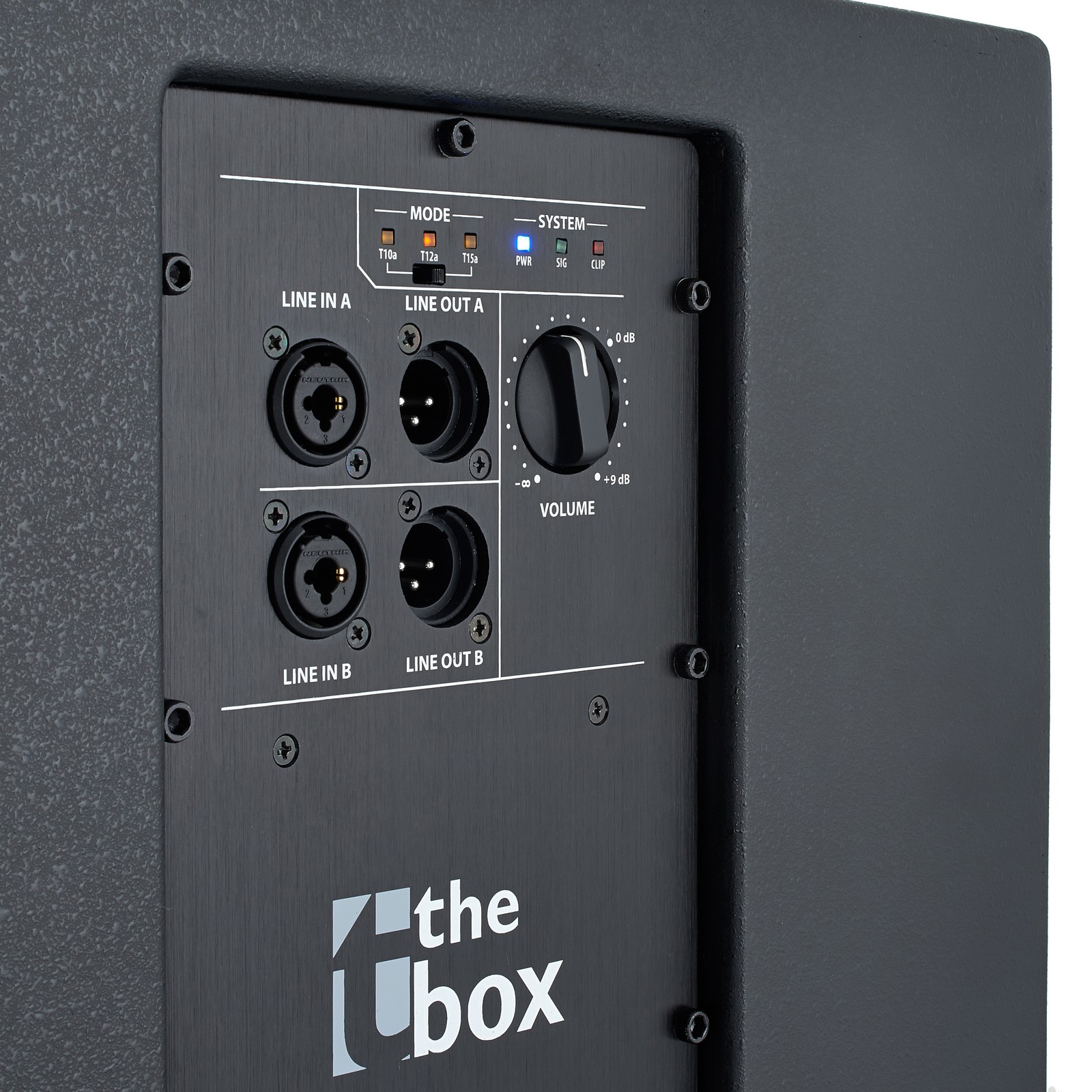 Anschlüsse am the box Pyrit 112 Sub A Aktiver High Power Subwoofer