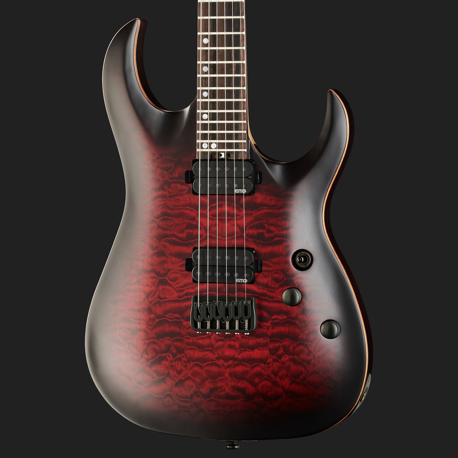 EMG Humbucker Pickups auf der Harley Benton Amarok-6 BKRD Quilted Burst