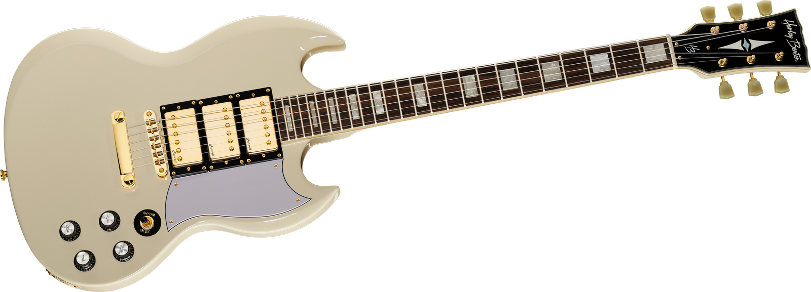 Front view of the Harley Benton DC-600 guitar in Vintage Ivory finish