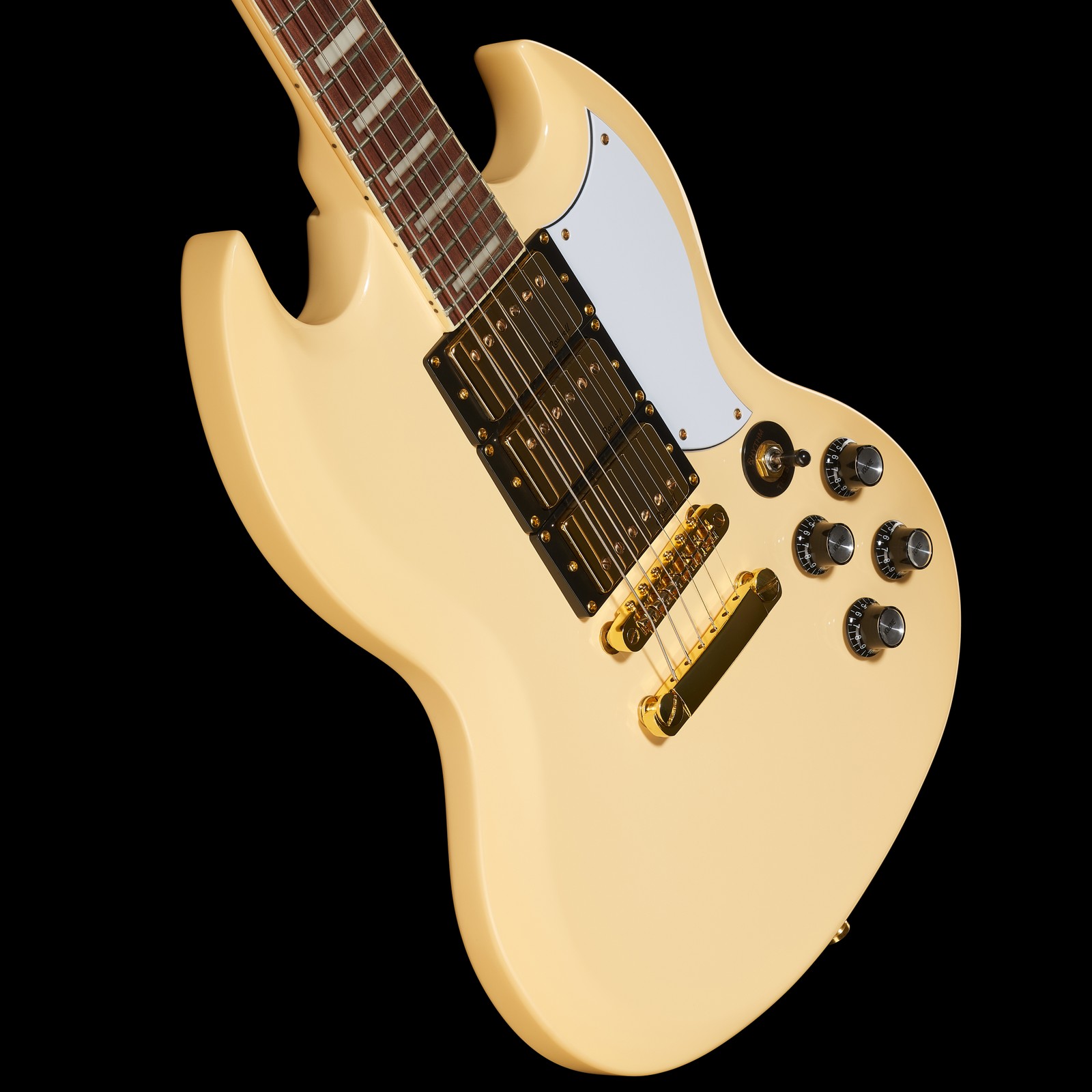 Vue de trois-quarts du corps de la DC-600 Vintage Ivory de Harley Benton