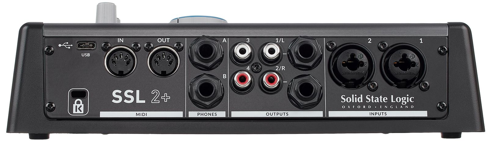 Rückseite mit Anschlüssen des SSL 2+ 2x4 USB-C Audiointerface