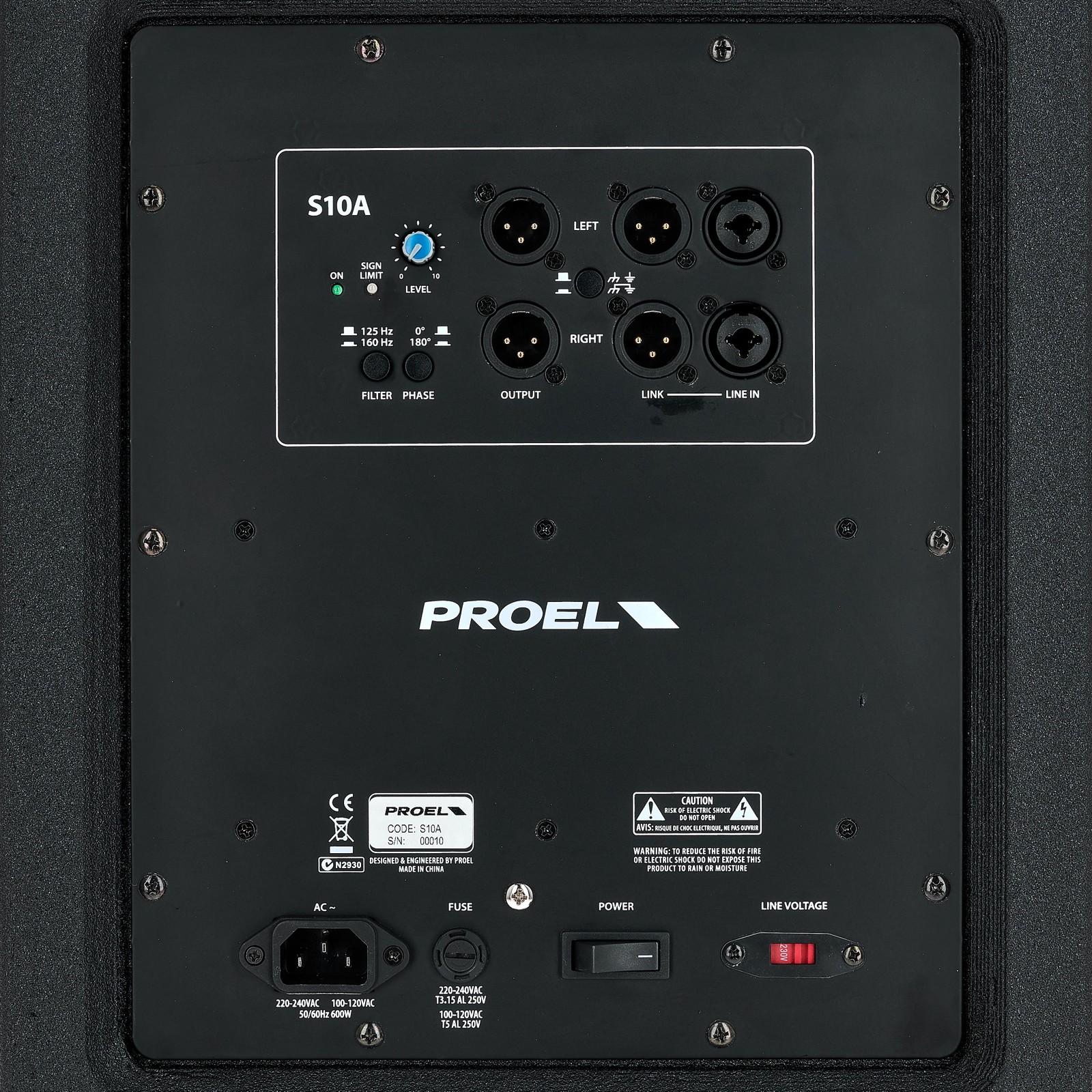 Rear of the Proel S10A subwoofer with controls
