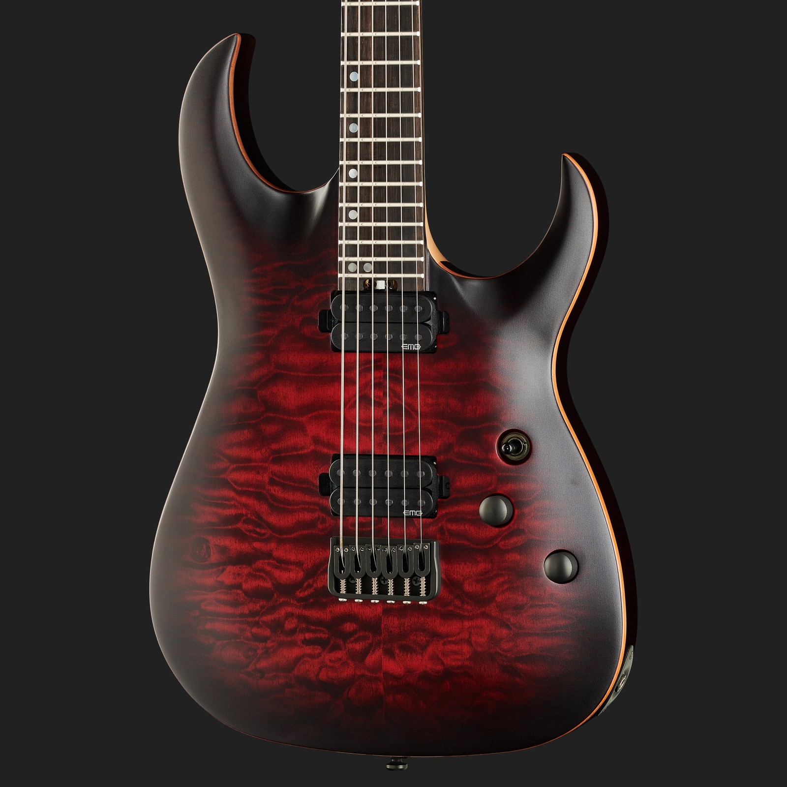 Harley Benton Amarok-BT BKRD Quilted Burst mit zwei aktiven EMG Humbucker Pickups