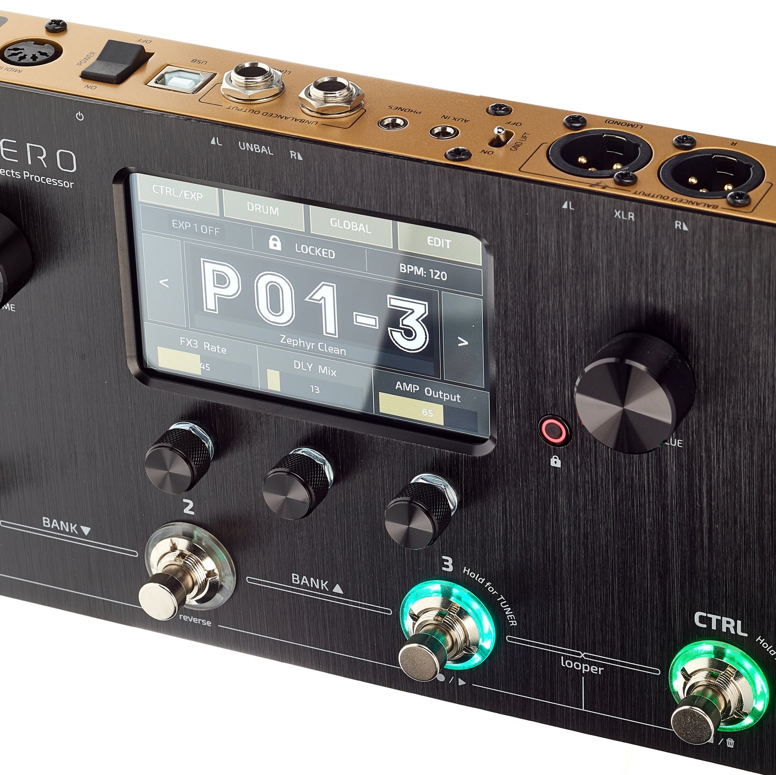 Bildschirm, Fußtaster und Anschlüsse am HoTone Ampero