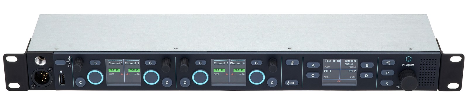 Frontansicht mit Reglern und Schaltern der punQtum Q210 P 4-Kanal Intercom Station