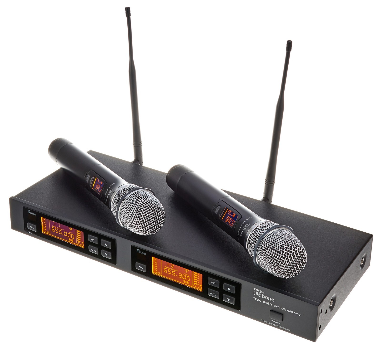 Empfänger und zwei Mikrofon Handsender des the t.bone free solo Twin HT 660 MHz