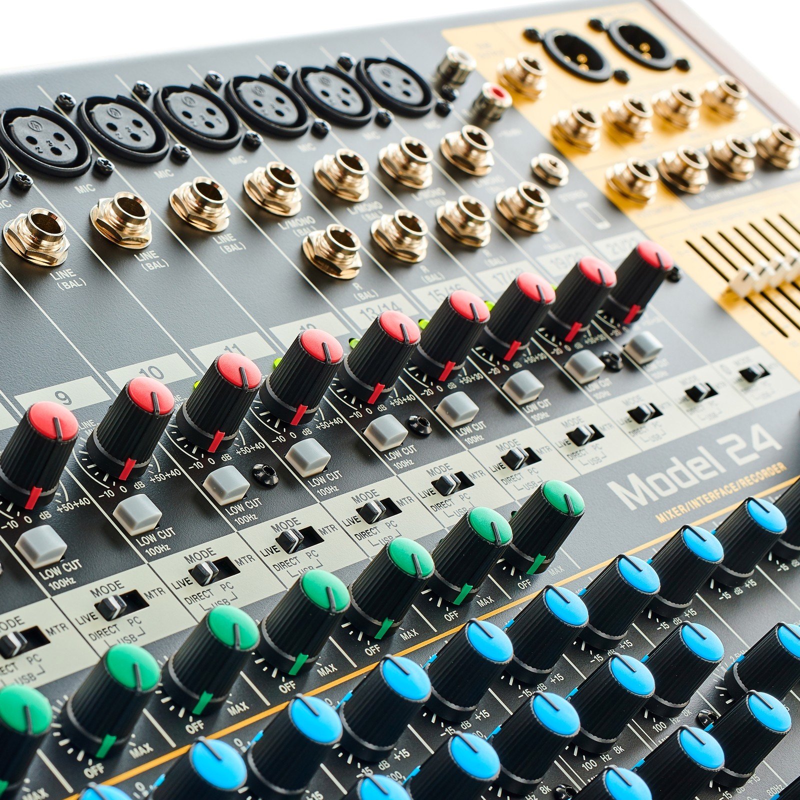 Tascam Model 24 mixing desk, dials and faders