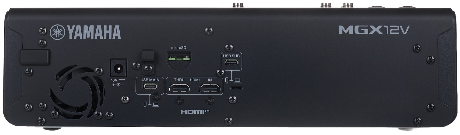 Rückseite des Yamaha MGX12V BK mit Anschlüssen