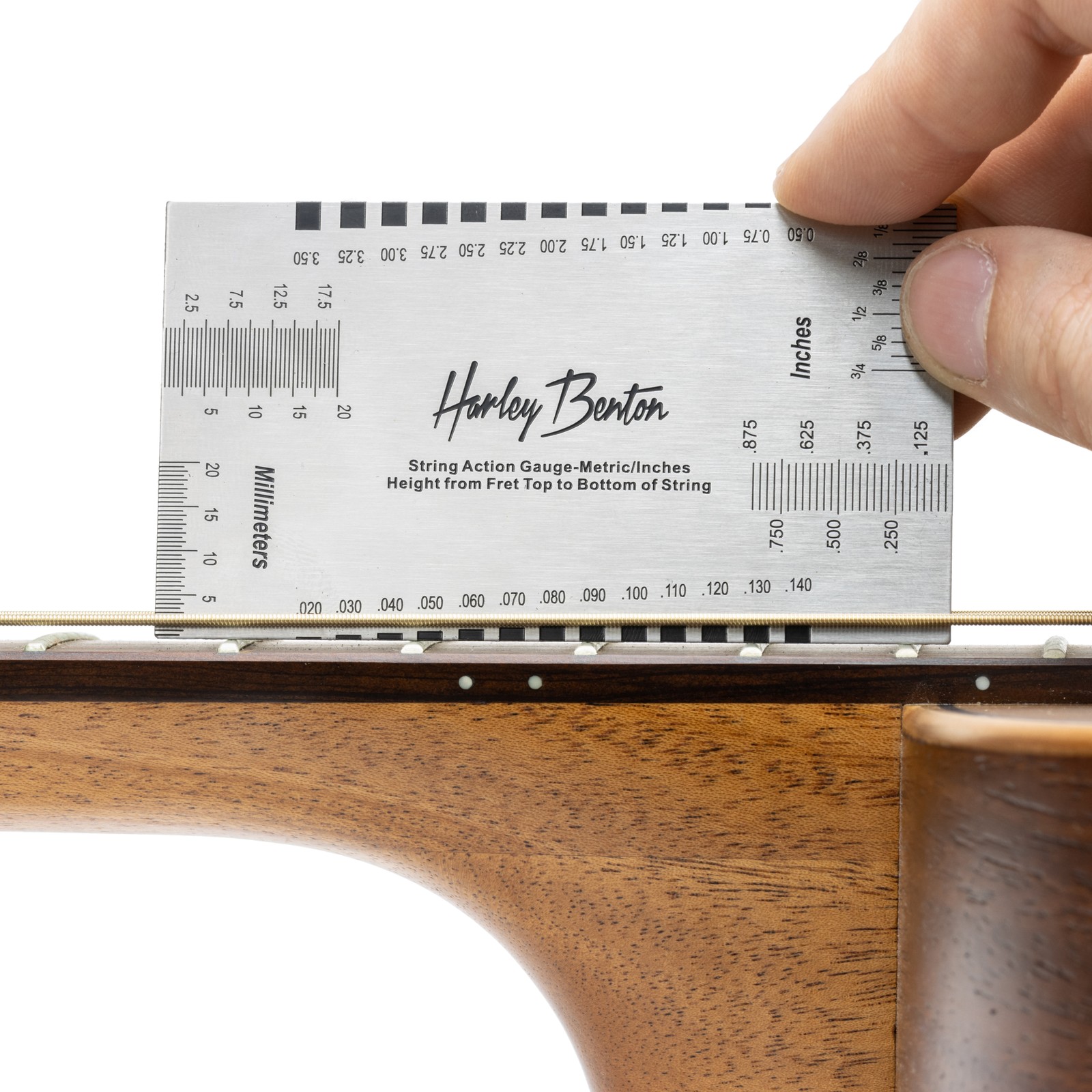 Harley Benton Parts String Action Gauge measures the correct string action on an acoustic guitar