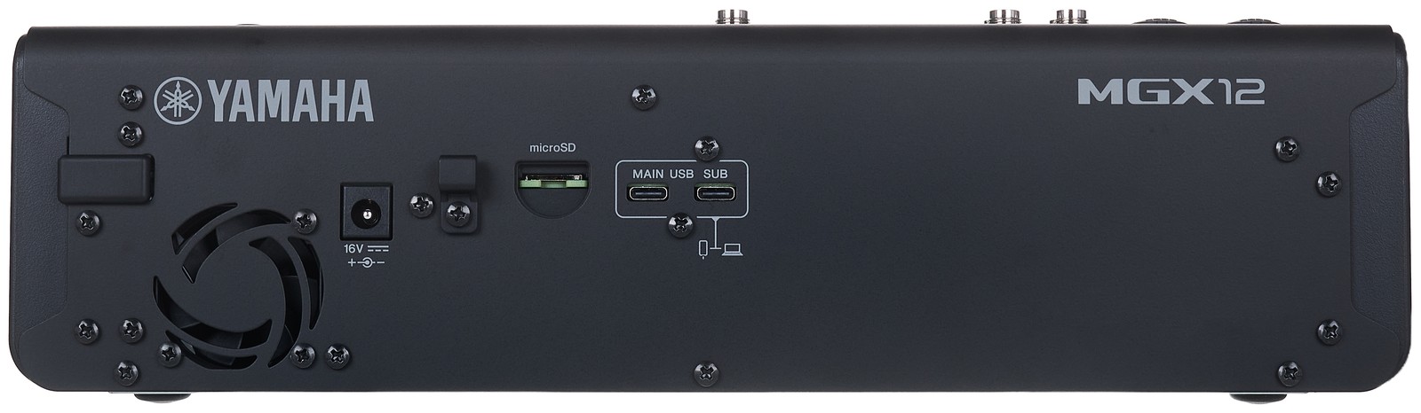 Rückseite des Yamaha MGX12 BK mit Anschlüssen
