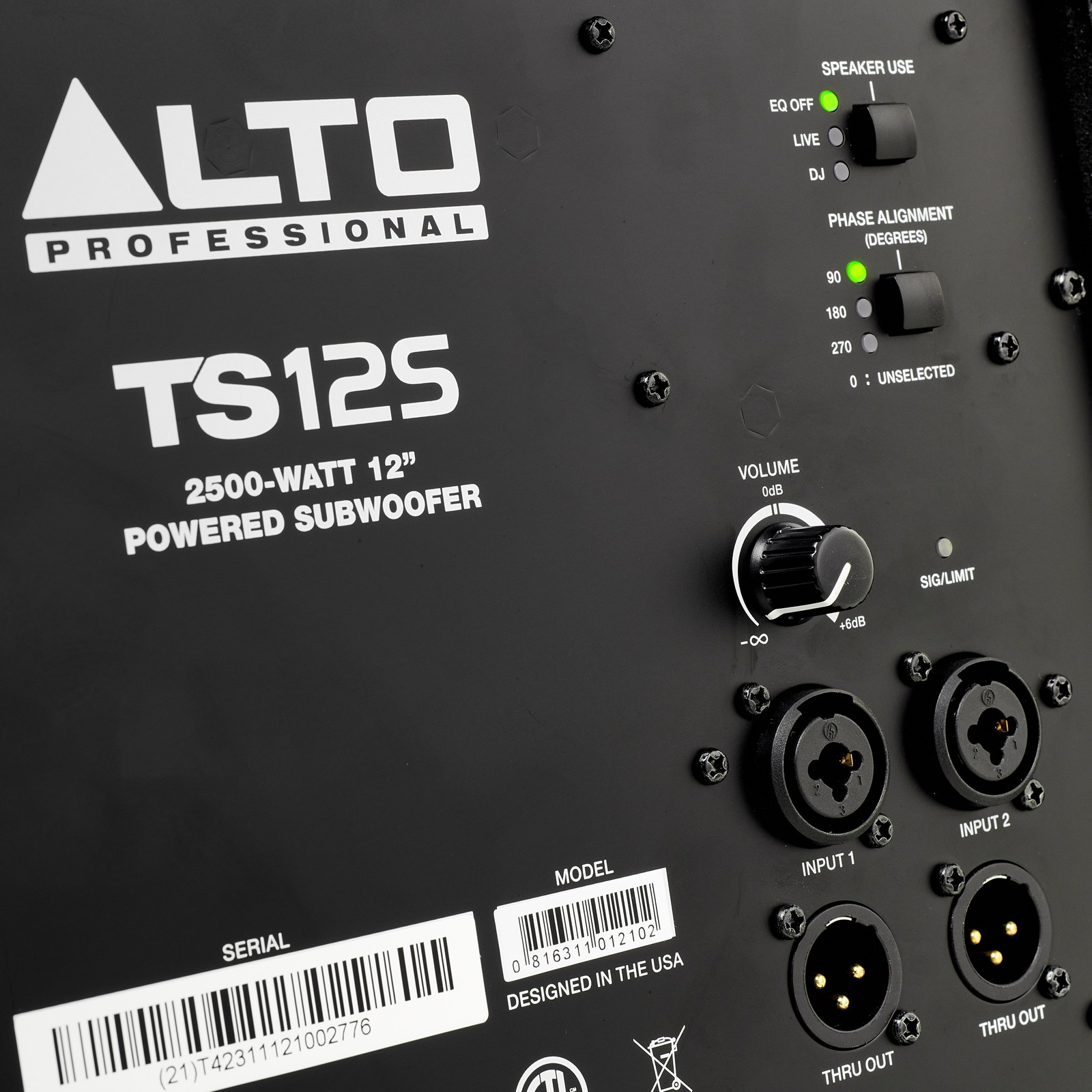 Bedienelemente auf der Rückseite des Alto TS 12S Subwoofers