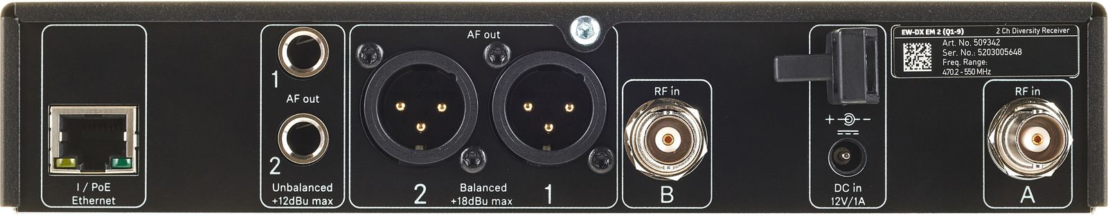 Rückansicht mit Anschlüssen des Sennheiser EW-DX 835-S Set Q1-9 Zweikanal-Empfänger