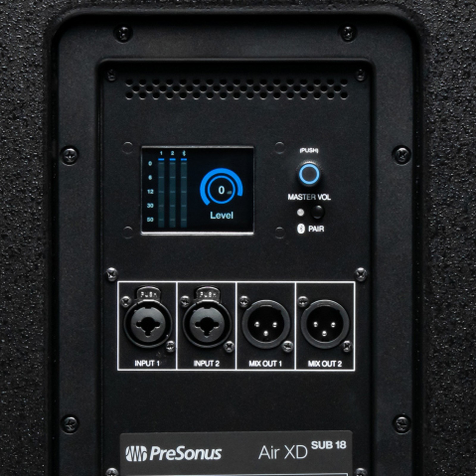 Rückseite des Presonus Air XD Sub 18 mit Anschlüssen und Bedienelementen