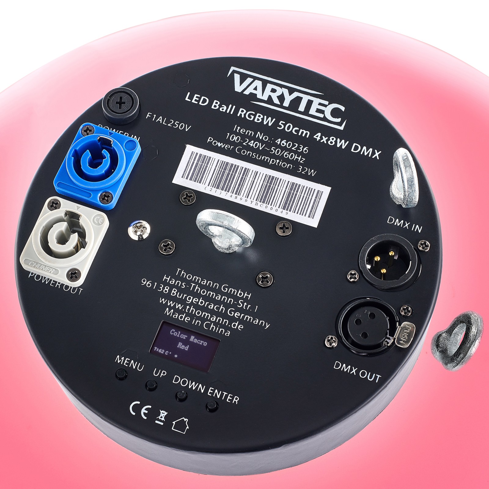 Power-Twis- und DMX-Anschlüsse des Varytec LED Ball RGBW 50cm 4x8W DMX