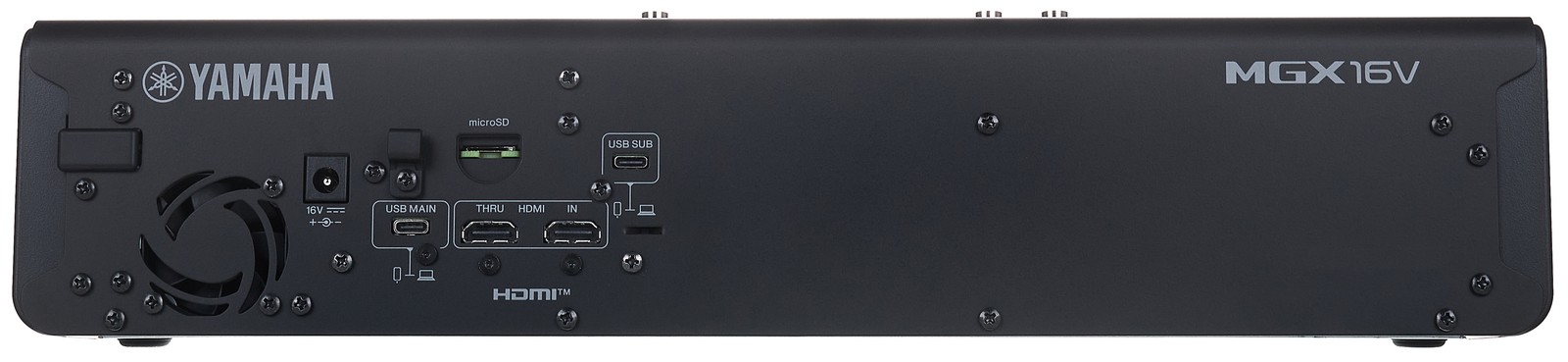 Rückseite des Yamaha MGX16V BK mit Anschlüssen