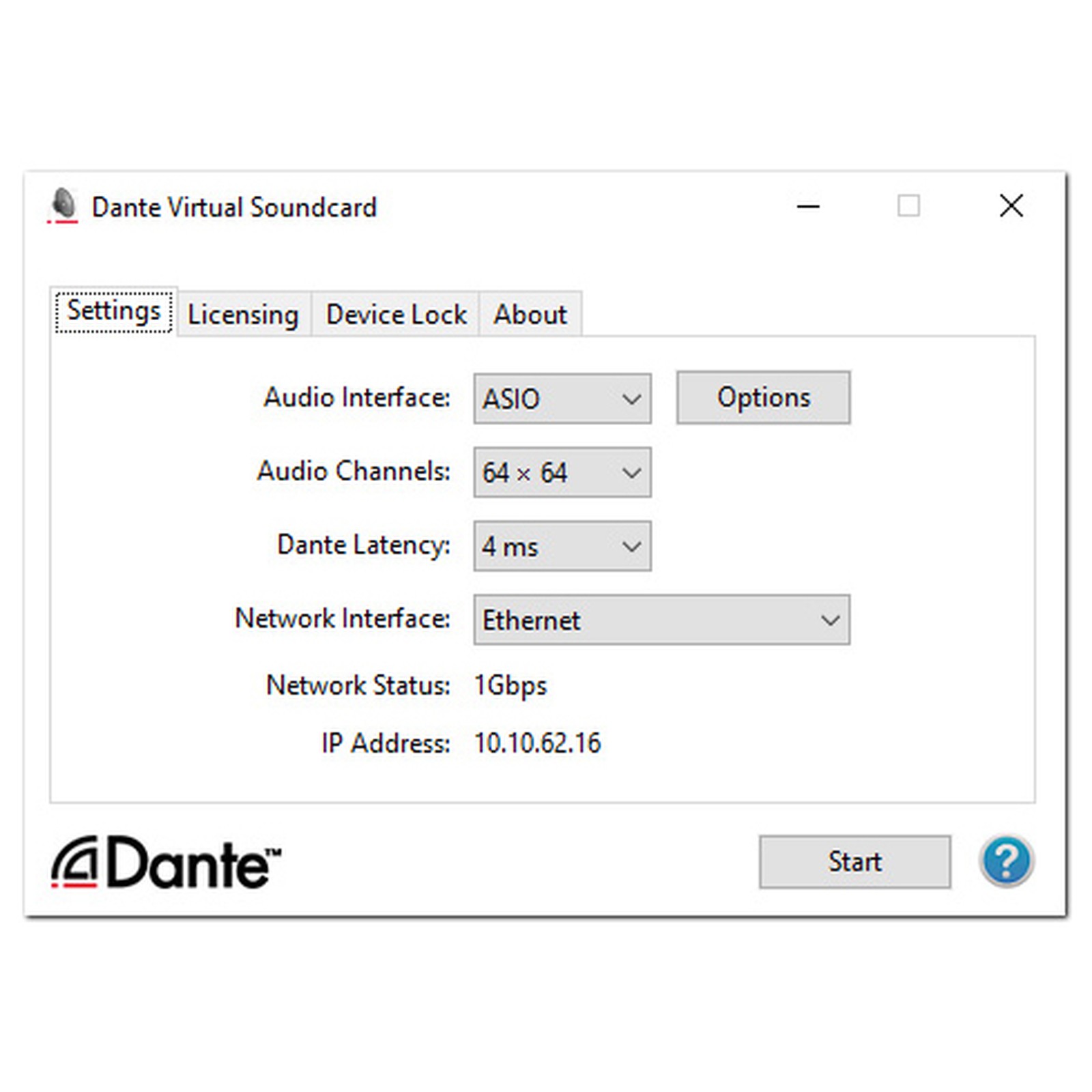 Dante Virtual Soundcard Main Window