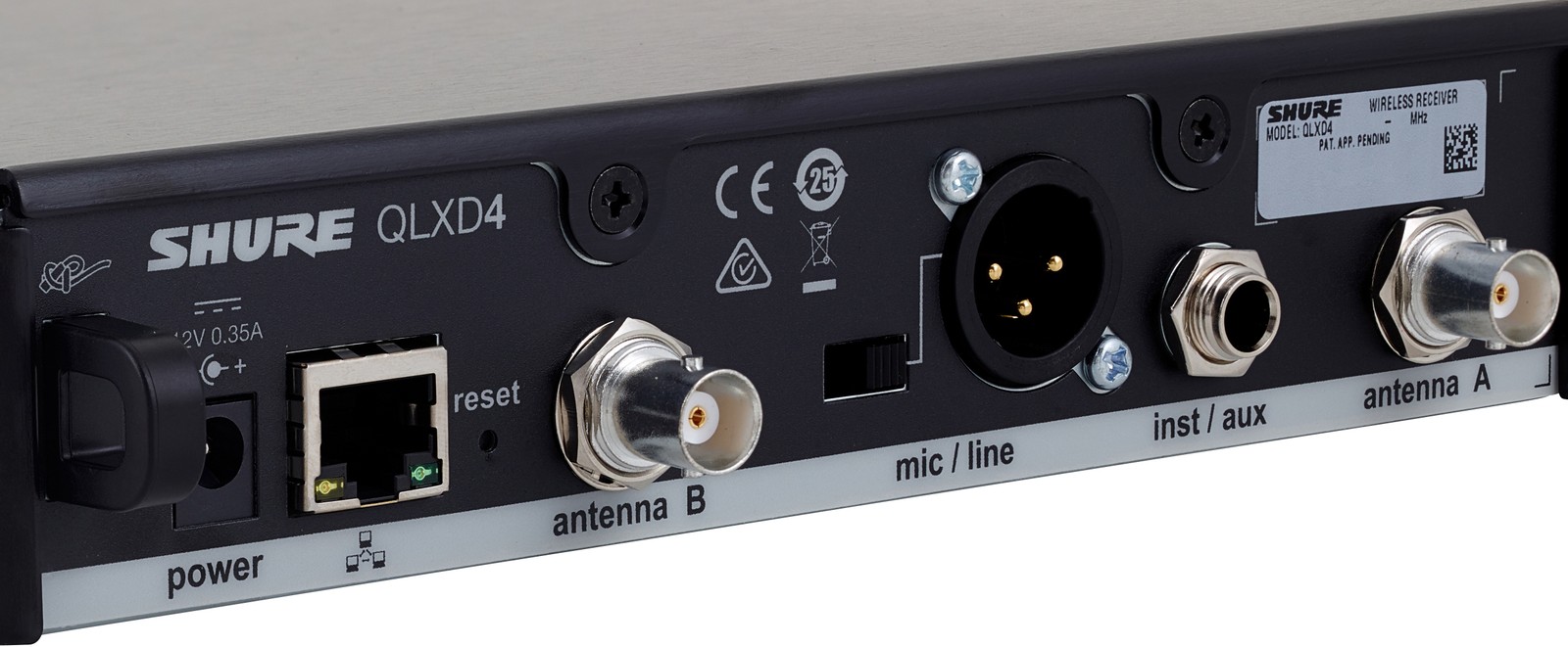 Rückseite des Shure QLXD4 G51 Empfängers mit Anschlüssen