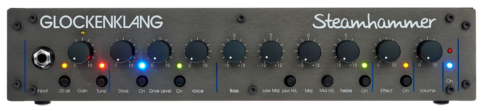 Frontansicht vom Glockenklang Steamhammer Topteil für E-Bass