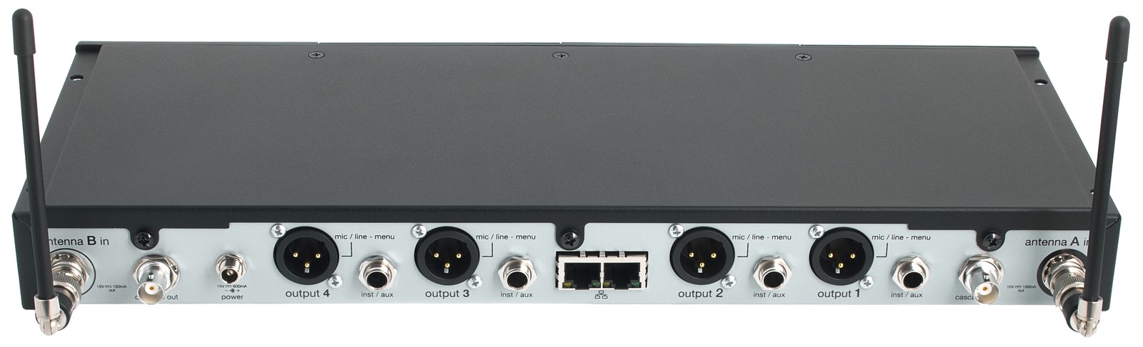 Rückseite des Shure SLXD4Q+E S50 Vierkanal-Empfängers