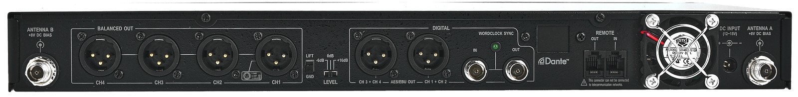 Rückseite des Mipro ACT-848 482-554 MHz mit Anschlüssen
