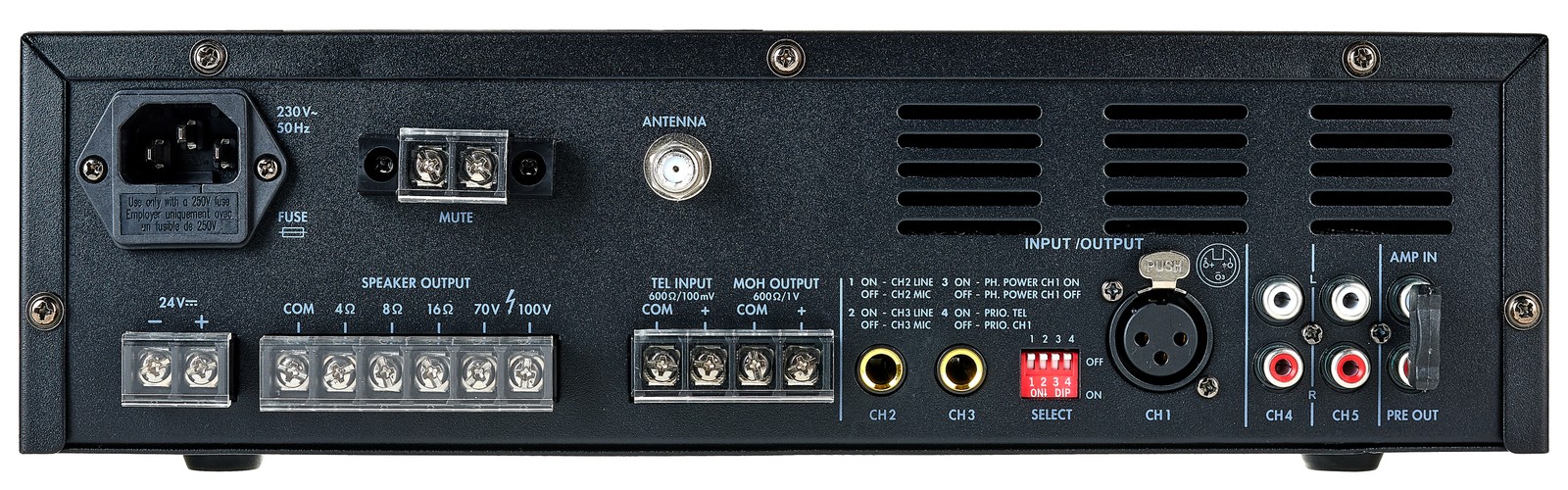 Rückseite des Monacor PA-812DAP mit Anschlüssen