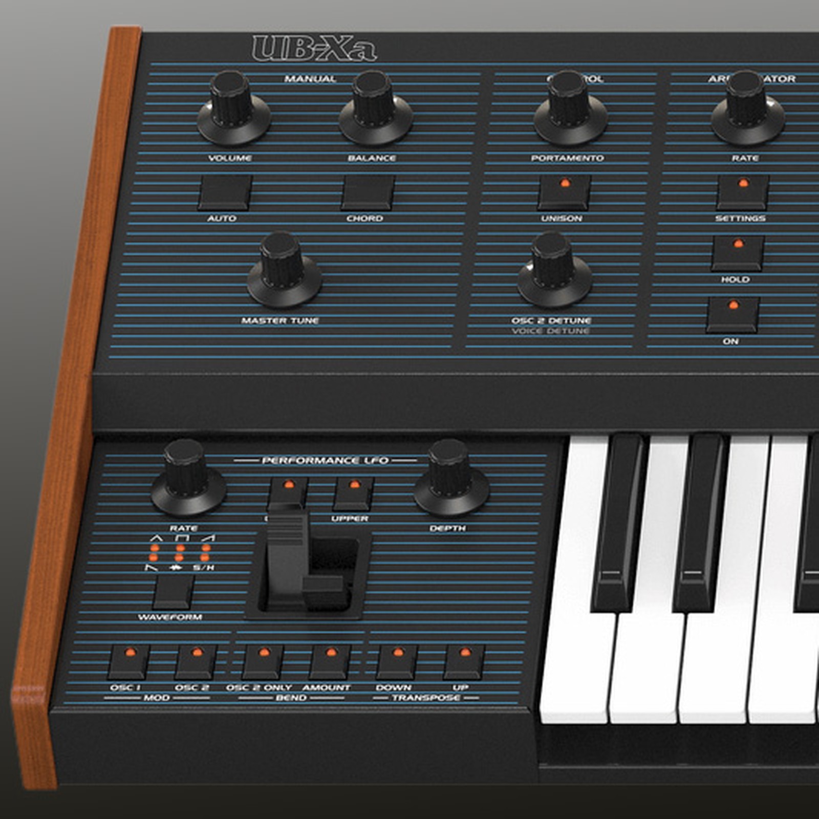 Analoger Synthesizer Behringer UB-Xa mit Einstellungen für die Waveform, LFO und Modulation