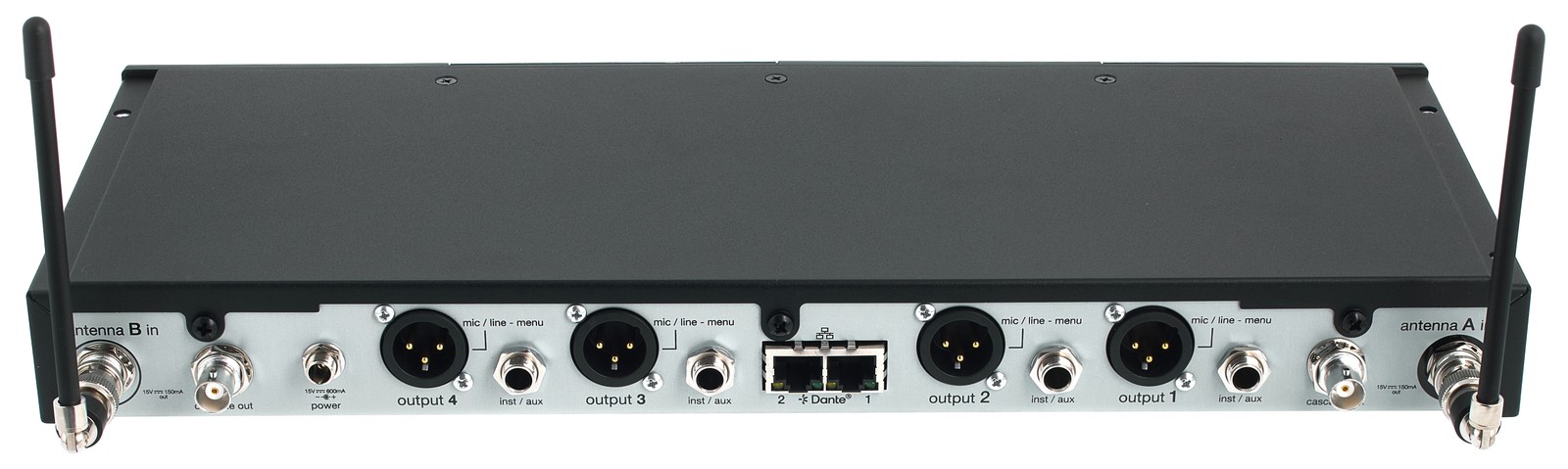 Rückseite des Shure SLXD4QDAN+E S50 Vierkanal-Empfängers