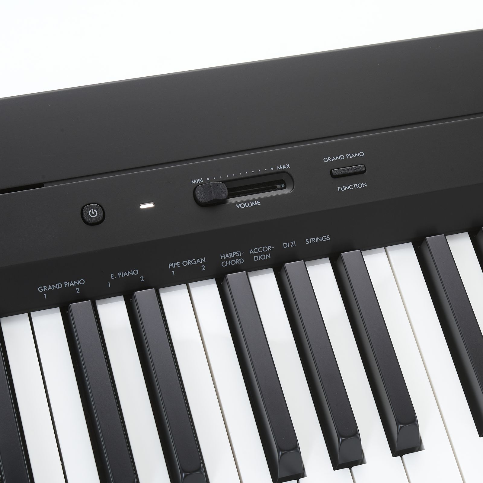 Close-up view of the Yamaha P-145 in black