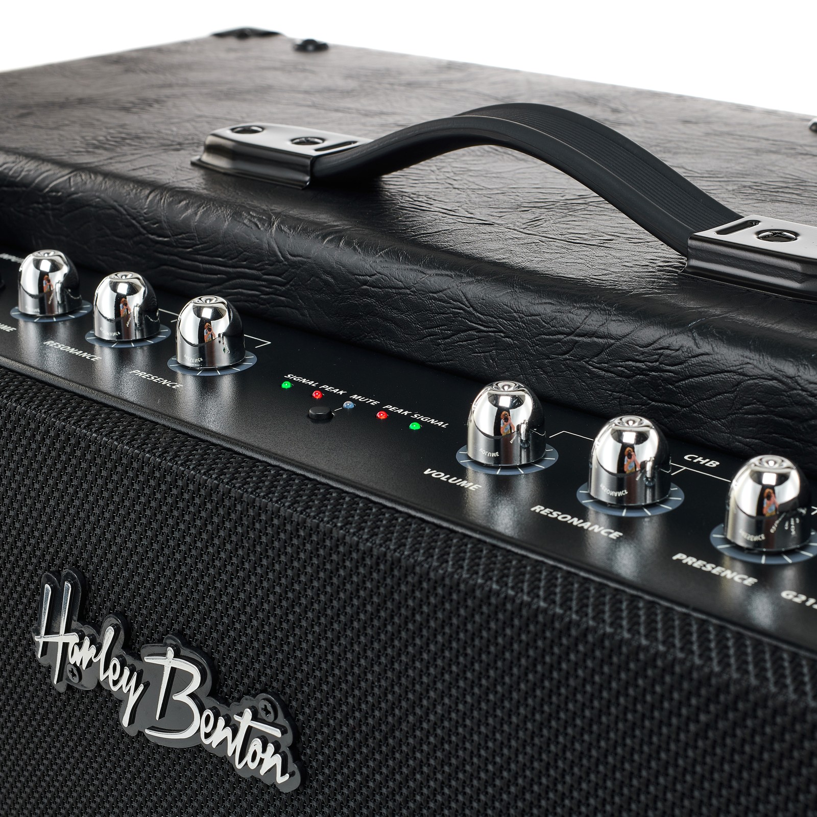 Griff, Regler und Logo am Harley Benton G212A-FR