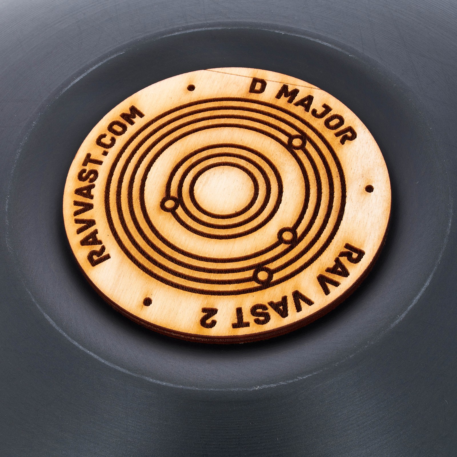 Closeup of the RAV Labs Vast D Major Tongue Drum in Handpan Look